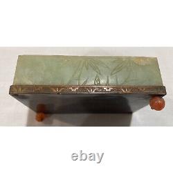 Antique 1920s Jadeite Carved Trinket Box With Floral Motif & Cornelian Accents