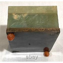 Antique 1920s Jadeite Carved Trinket Box With Floral Motif & Cornelian Accents