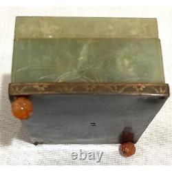 Antique 1920s Jadeite Carved Trinket Box With Floral Motif & Cornelian Accents