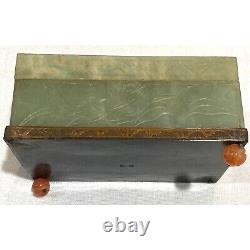 Antique 1920s Jadeite Carved Trinket Box With Floral Motif & Cornelian Accents