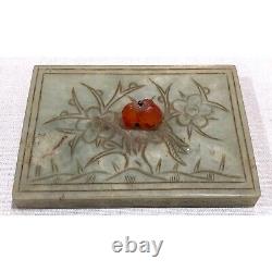 Antique 1920s Jadeite Carved Trinket Box With Floral Motif & Cornelian Accents