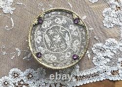 Antique Apollo Jeweled Trinket Box Lace Insert Gold Ornate vtg 1920s jewelry box