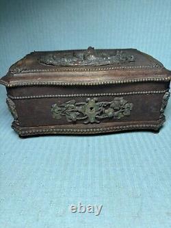 Antique Black Forest Wood & Bronze Jewelry Box Beaded Ducks EC