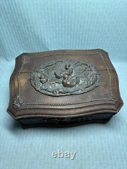 Antique Black Forest Wood & Bronze Jewelry Box Beaded Ducks EC