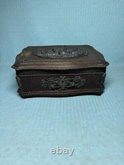 Antique Black Forest Wood & Bronze Jewelry Box Beaded Ducks EC