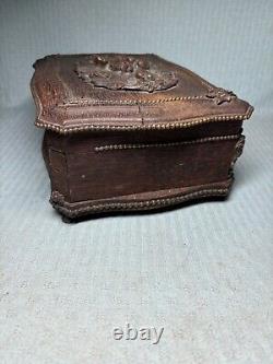 Antique Black Forest Wood & Bronze Jewelry Box Beaded Ducks EC