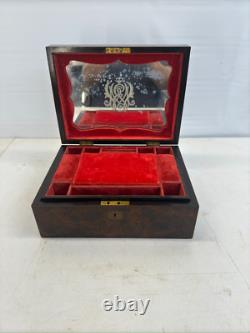 Antique Burl Walnut Victorian Sewing Box Compartments Mirror Document