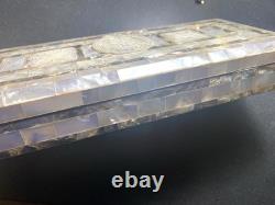 Antique Carved Mother Of Pearl Abalone Inlaid Wooden Jewelry Trinket Desk Box