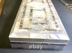 Antique Carved Mother Of Pearl Abalone Inlaid Wooden Jewelry Trinket Desk Box