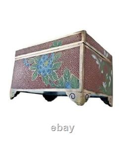 Antique Chinese Cloisonne Red Hinged Trinket Floral Box Scalloped Feet