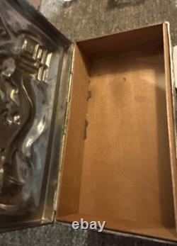 Antique Chinese Export Dragon White Metal Cigarette Box 6 x 3.5 Wood Liner