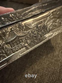 Antique Chinese Export Dragon White Metal Cigarette Box 6 x 3.5 Wood Liner