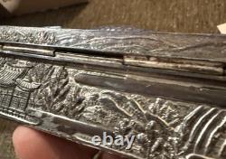 Antique Chinese Export Dragon White Metal Cigarette Box 6 x 3.5 Wood Liner