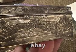 Antique Chinese Export Dragon White Metal Cigarette Box 6 x 3.5 Wood Liner