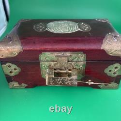 Antique Chinese Handcrafted Rosewood Inlaid Jade Jewelry Box Chest W Lock & Key