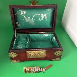 Antique Chinese Handcrafted Rosewood Inlaid Jade Jewelry Box Chest W Lock & Key