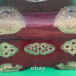 Antique Chinese Handcrafted Rosewood Inlaid Jade Jewelry Box Chest W Lock & Key