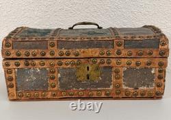 Antique Dome Top Leather Hide Studded Document Box 19th C. American Primitive