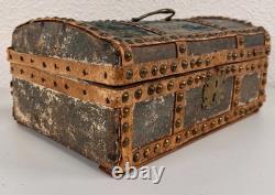 Antique Dome Top Leather Hide Studded Document Box 19th C. American Primitive
