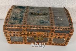 Antique Dome Top Leather Hide Studded Document Box 19th C. American Primitive