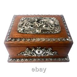 Antique English Silver Mounted Oak Wood Jewelry Box Art Nouveau