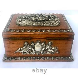 Antique English Silver Mounted Oak Wood Jewelry Box Art Nouveau