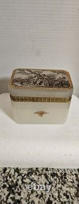 Antique French 0paline Beautifully Etched Storage Box Heavy Prestine Condition