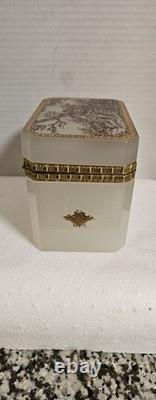 Antique French 0paline Beautifully Etched Storage Box Heavy Prestine Condition