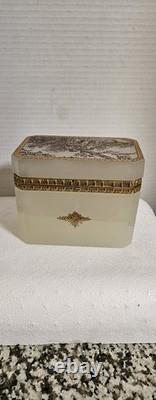 Antique French 0paline Beautifully Etched Storage Box Heavy Prestine Condition