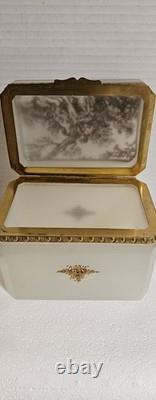 Antique French 0paline Beautifully Etched Storage Box Heavy Prestine Condition