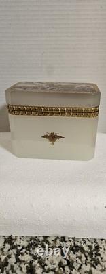 Antique French 0paline Beautifully Etched Storage Box Heavy Prestine Condition