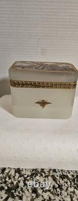 Antique French 0paline Beautifully Etched Storage Box Heavy Prestine Condition