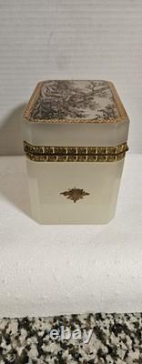Antique French 0paline Beautifully Etched Storage Box Heavy Prestine Condition