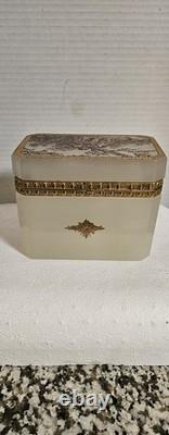 Antique French 0paline Beautifully Etched Storage Box Heavy Prestine Condition