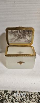 Antique French 0paline Beautifully Etched Storage Box Heavy Prestine Condition