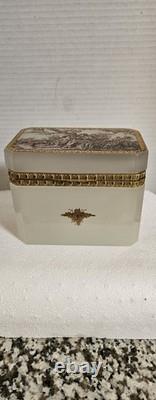 Antique French 0paline Beautifully Etched Storage Box Heavy Prestine Condition