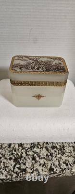 Antique French 0paline Beautifully Etched Storage Box Heavy Prestine Condition