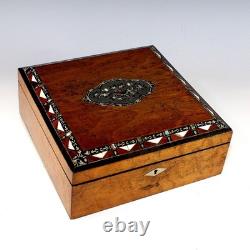 Antique French Inlaid Wood Box Unique Silver and Abelone Inlays