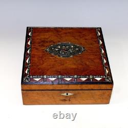 Antique French Inlaid Wood Box Unique Silver and Abelone Inlays