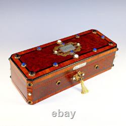 Antique French Inlaid Wood Glove Box Silver and Semi Precious Cabochons, Key