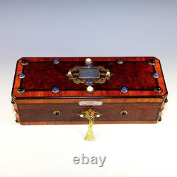 Antique French Inlaid Wood Glove Box Silver and Semi Precious Cabochons, Key