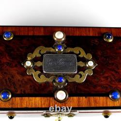 Antique French Inlaid Wood Glove Box Silver and Semi Precious Cabochons, Key