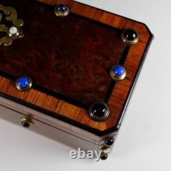 Antique French Inlaid Wood Glove Box Silver and Semi Precious Cabochons, Key