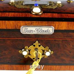 Antique French Inlaid Wood Glove Box Silver and Semi Precious Cabochons, Key