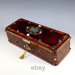 Antique French Inlaid Wood Glove Box Silver and Semi Precious Cabochons, Key