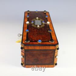 Antique French Inlaid Wood Glove Box Silver and Semi Precious Cabochons, Key