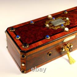 Antique French Inlaid Wood Glove Box Silver and Semi Precious Cabochons, Key