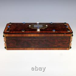 Antique French Inlaid Wood Glove Box Silver and Semi Precious Cabochons, Key