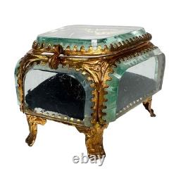 Antique French Palais Royal Ormolu Glass Wedding Ring Presentation Casket Box