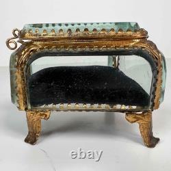 Antique French Palais Royal Ormolu Glass Wedding Ring Presentation Casket Box